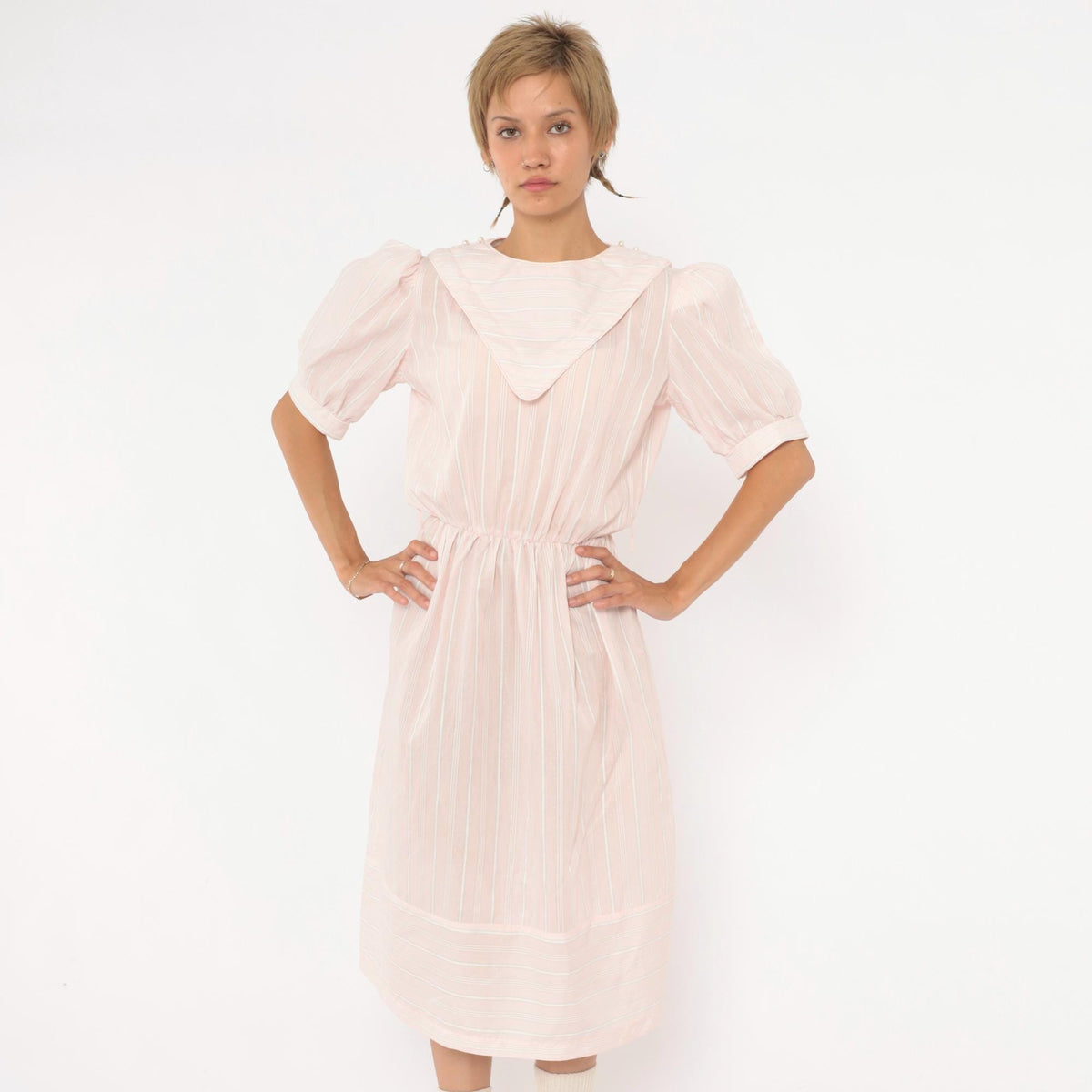 80s Pink Striped Midi Dress Puff Sleeve Sailor Collar Cotton Small