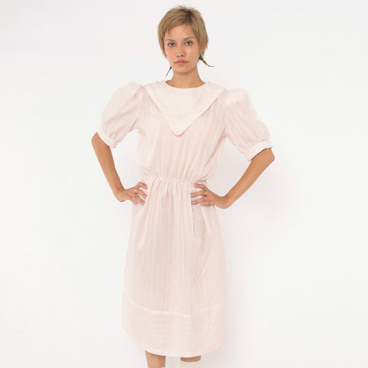 80s Pink Striped Midi Dress Puff Sleeve Sailor Collar Cotton Small