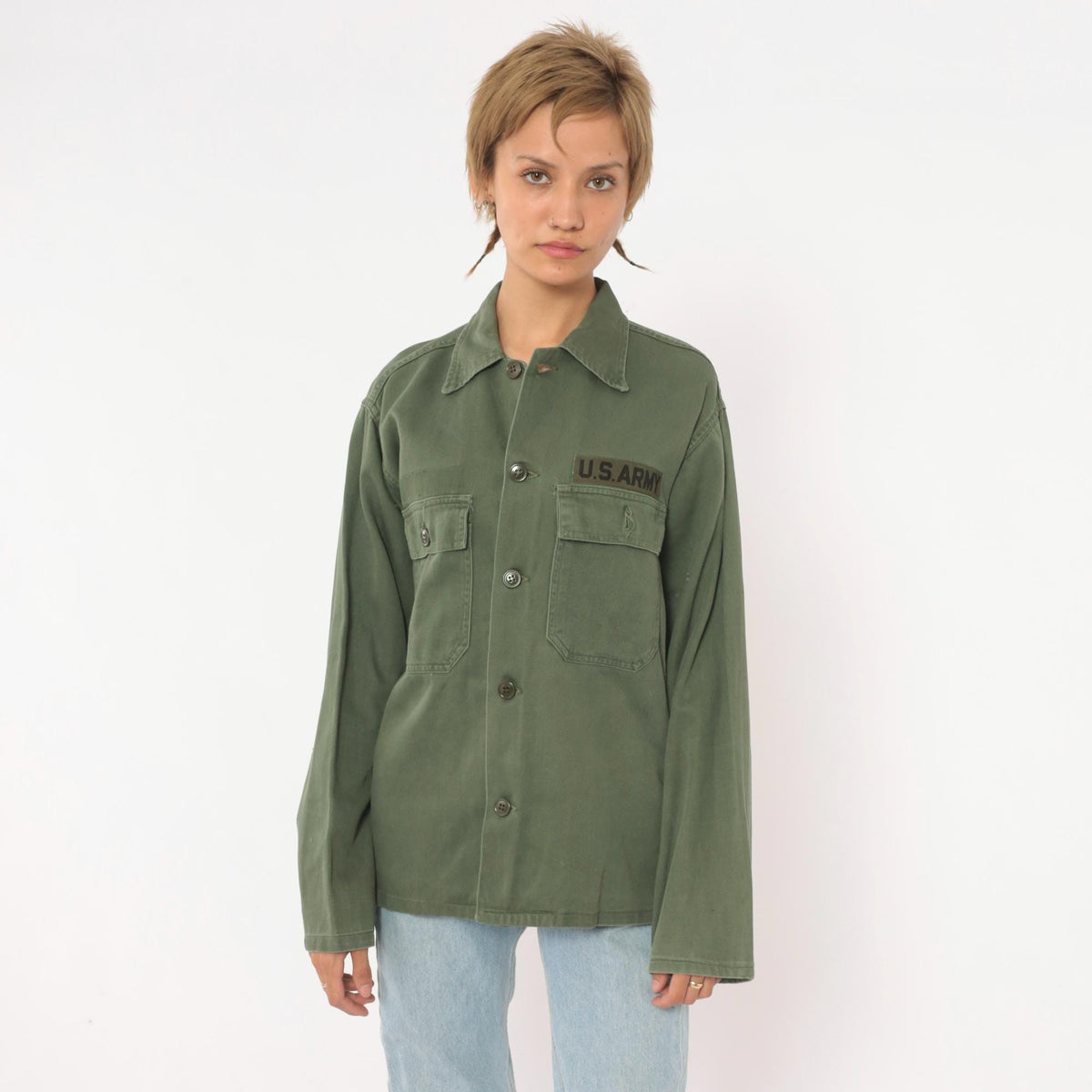 90s US Army Olive Green Button-Up Shirt Cotton Utility Field Top Small
