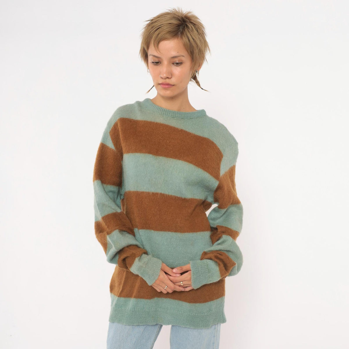 80s The Horses Mane Striped Mohair Wool Sweater Blue Brown Medium