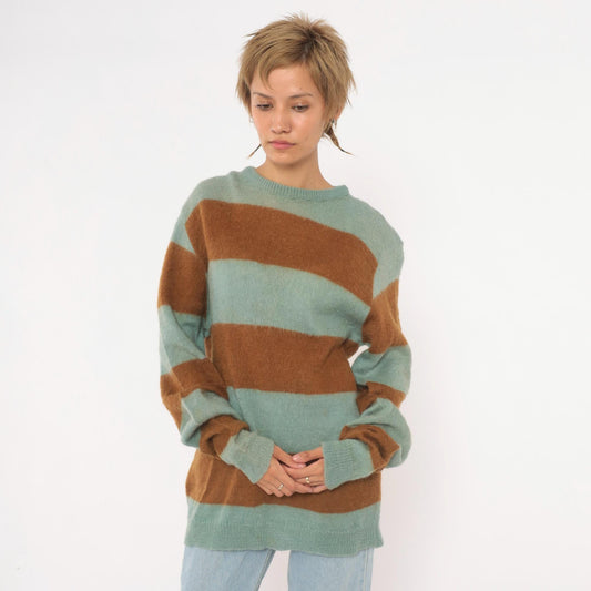 80s The Horses Mane Striped Mohair Wool Sweater Blue Brown Medium