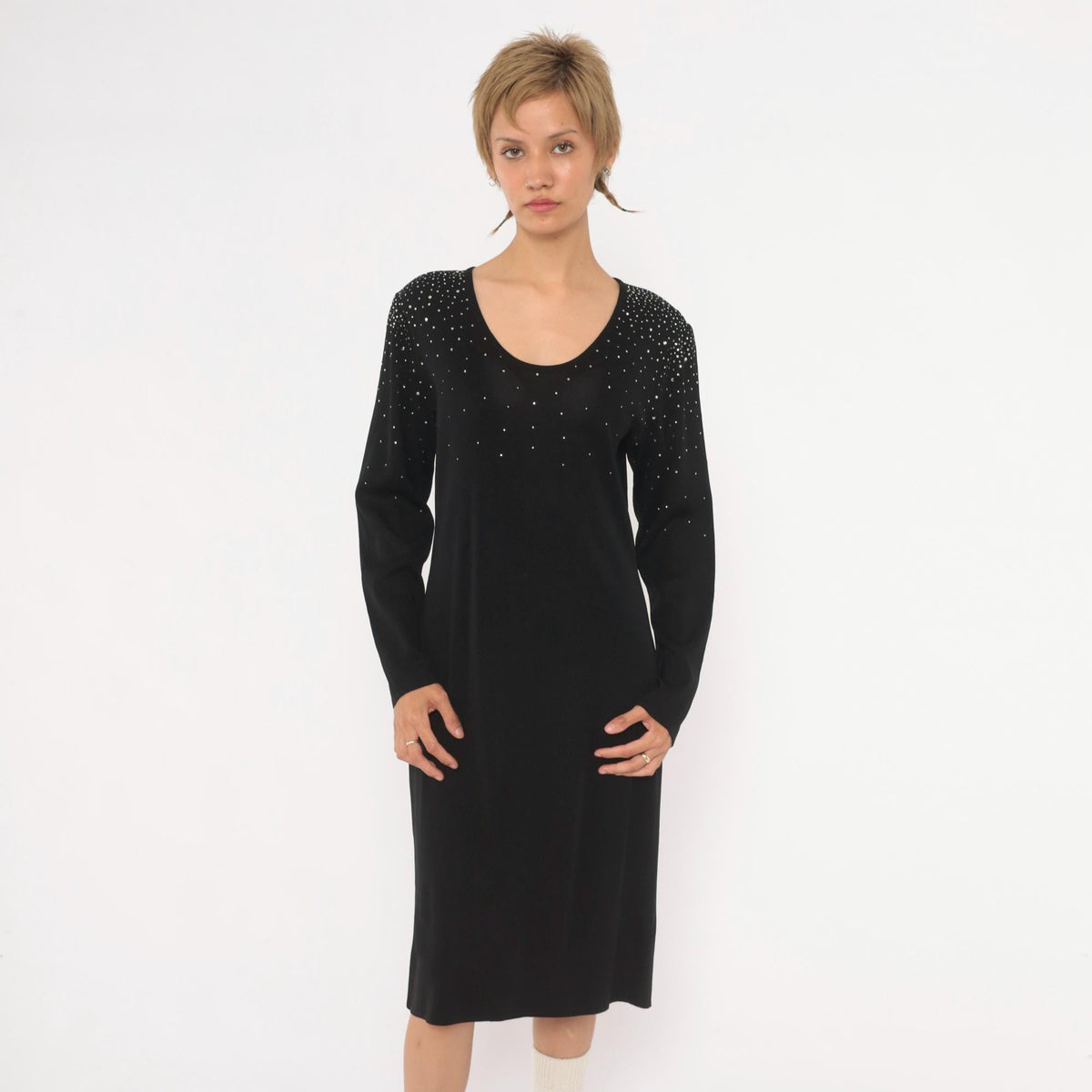 90s Misook Black Rhinestone Knit Dress Long Sleeve Shift Small S