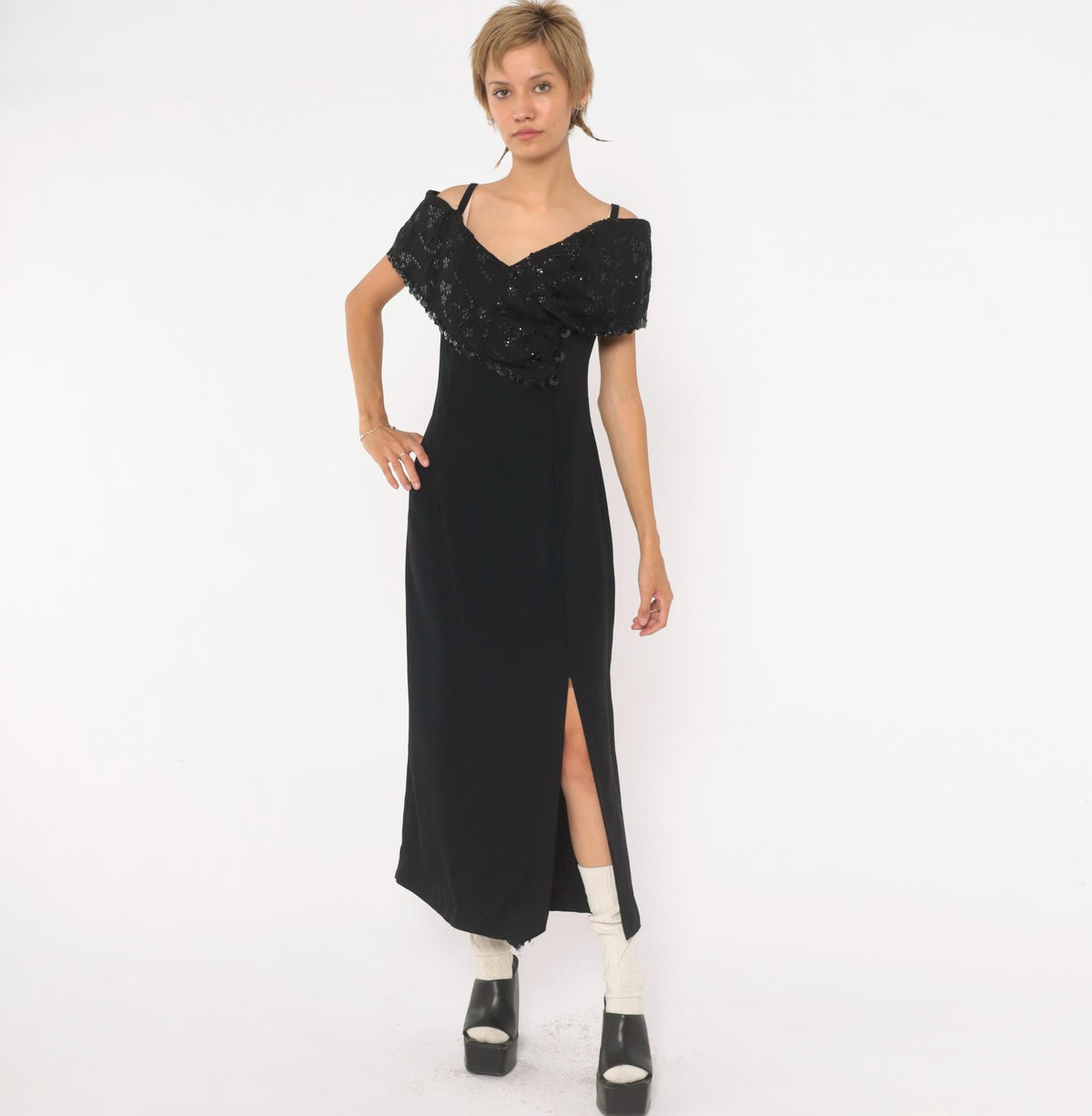 90s J. R. Nites Black Sequin Maxi Dress Off-Shoulder Floral Embroidered Collar Large L