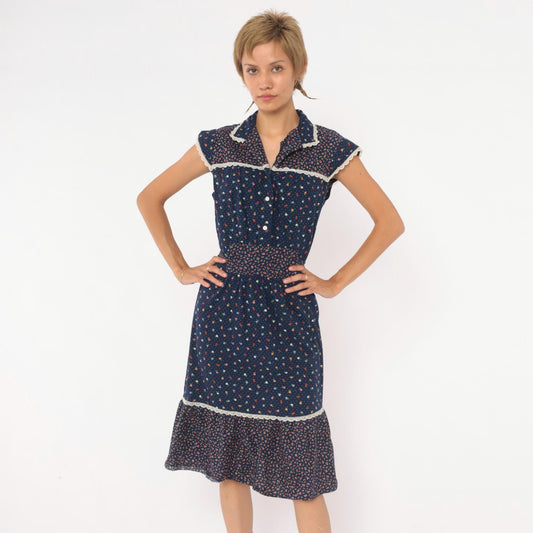 70s Navy Floral Calico Prairie Dress Cotton Cap Sleeve Button Front Small