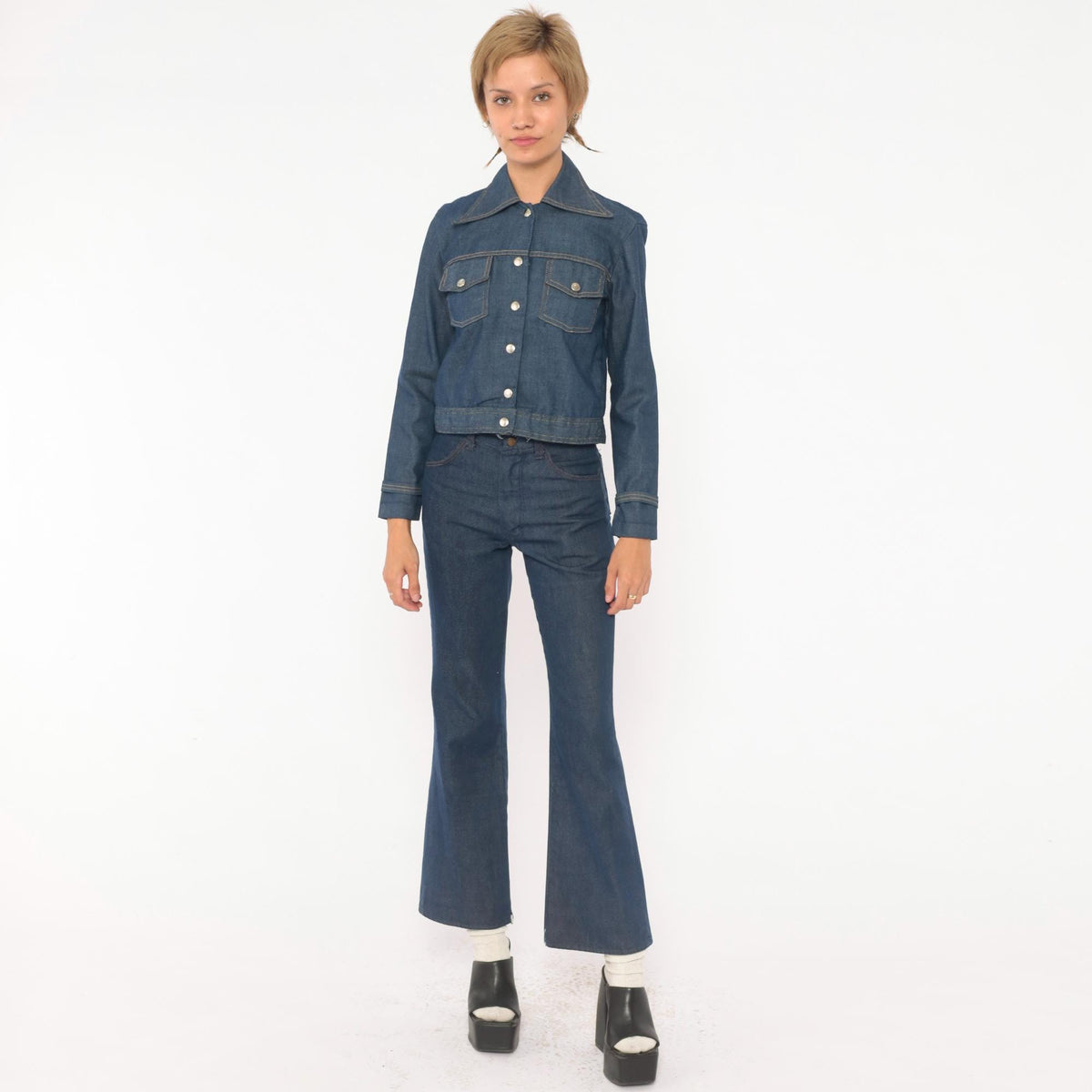 80s Bogart of Texas Denim Two Piece Set Cobalt Blue Cropped Jacket Flare Jeans Extra Extra Small XXS