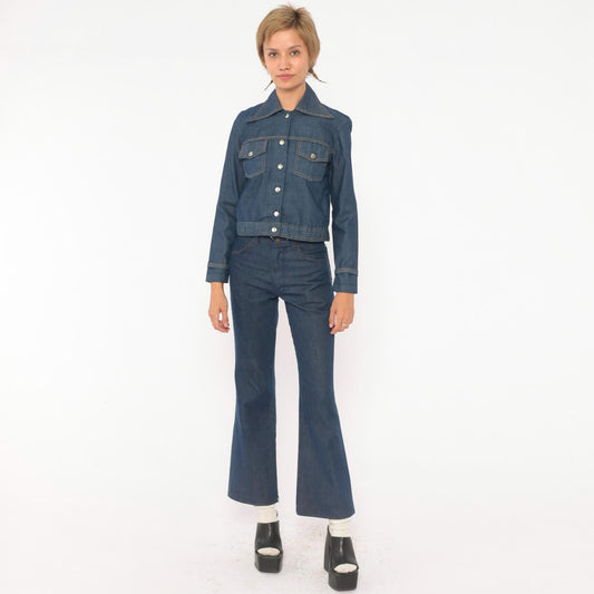 80s Bogart of Texas Denim Two Piece Set Cobalt Blue Cropped Jacket Flare Jeans Extra Extra Small XXS