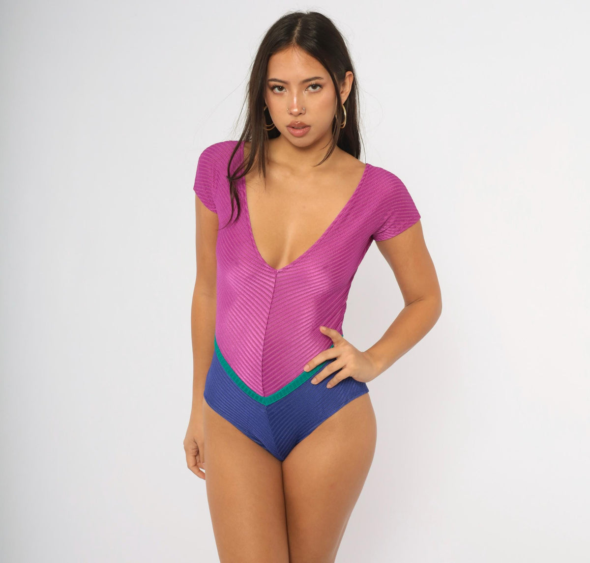 80s Gilda Marx One-Piece Swimsuit Purple Blue Teal Color Block Deep V Small