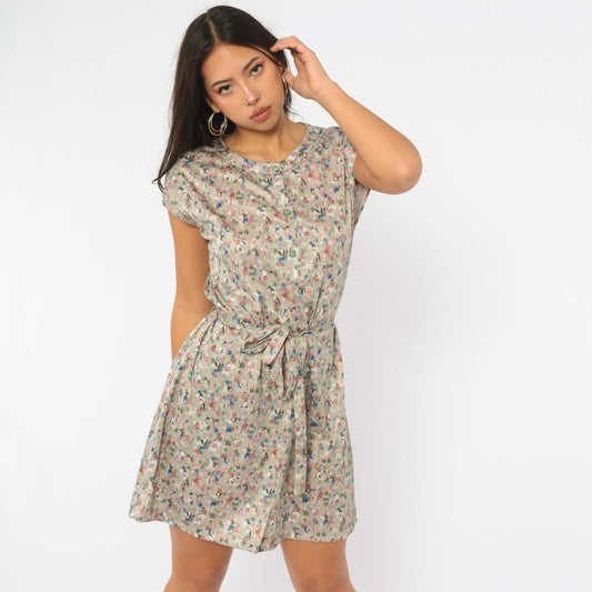 70s Novelty Grape Harvest Floral Dress Taupe Cap Sleeve Tie Waist Knee Length Large