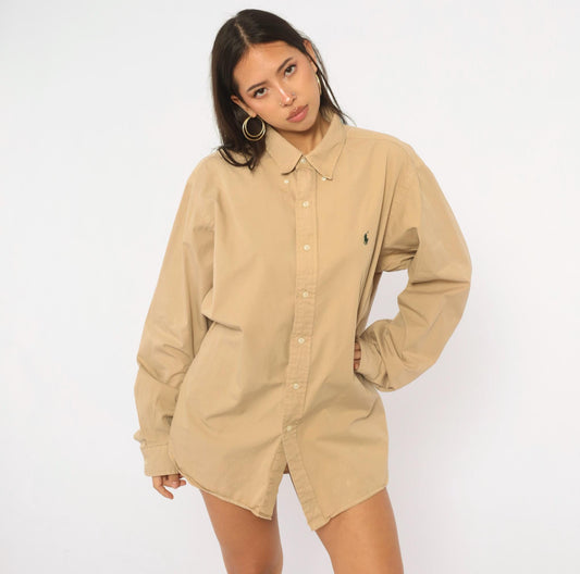 90s Ralph Lauren Tan Cotton Button Down Shirt Mens Extra Large XL