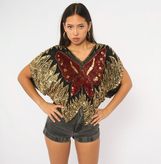 90s Black Sequin Butterfly Top Gold Beaded Silk Dolman Blouse Small