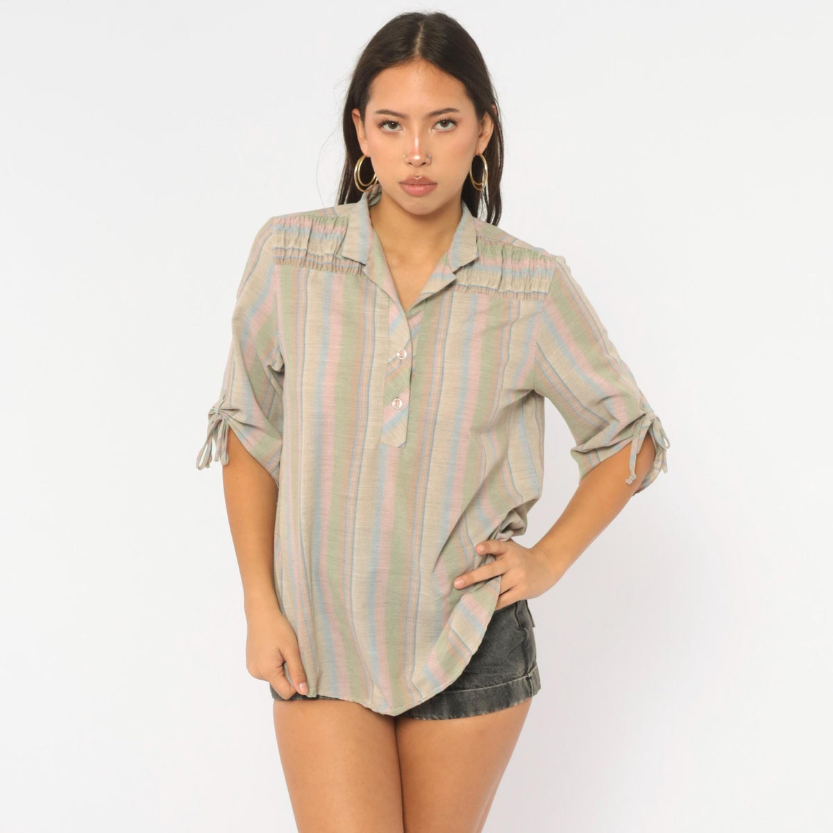 80s Caribou Pastel Striped Cotton Blouse Tie Sleeve Collared V Neck Large L