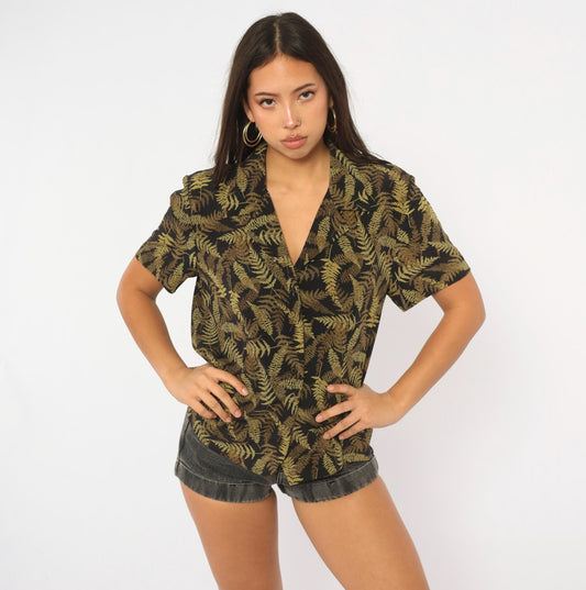 90s Joan Leslie Fern Print Camp Collar Shirt Black Olive Botanical Large L