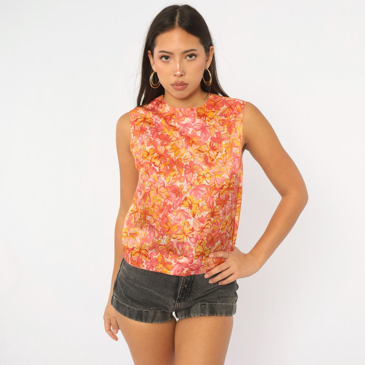 60s Butterfly Floral Sleeveless Blouse White Orange Pink Crew Neck Small