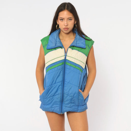80s Sears Puffer Vest Cobalt Blue Green Chevron Quilted Zip Sleeveless Medium