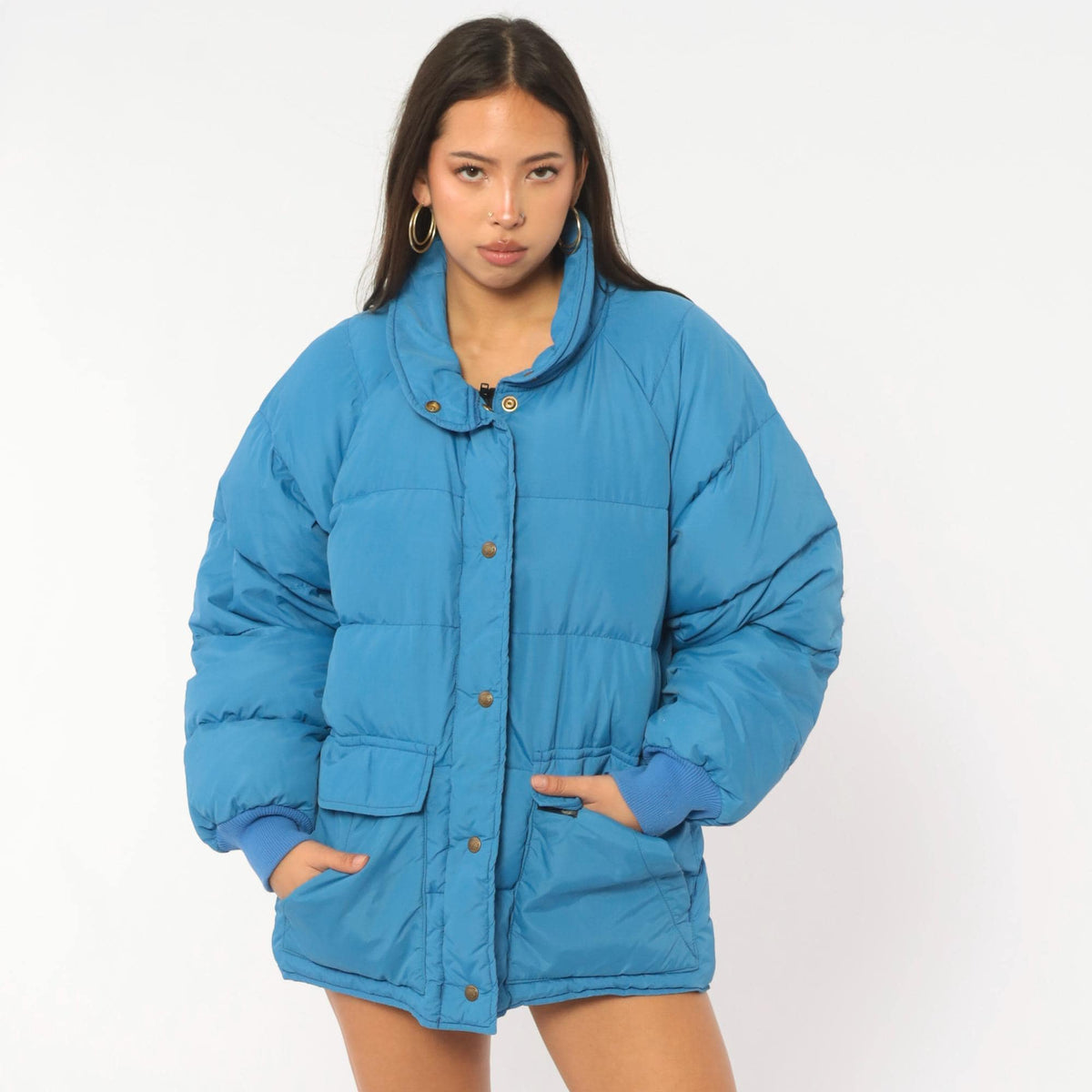 80s Eddie Bauer Cobalt Blue Down Puffer Jacket Raglan Medium