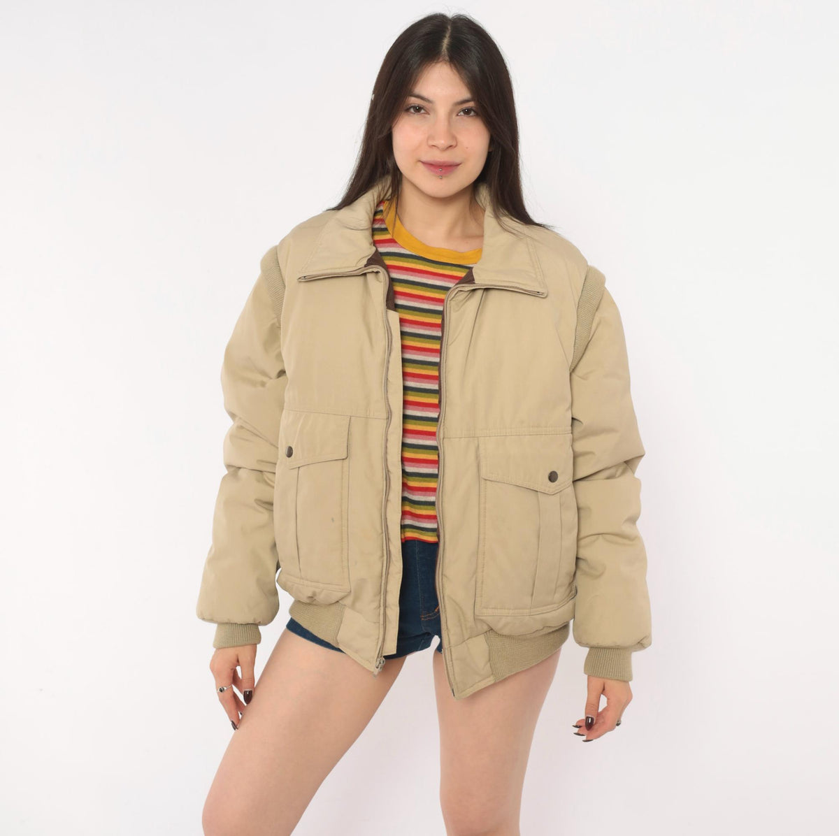 70s Natural High Down Bomber Jacket Convertible Zip-Off Sleeves Tan Medium