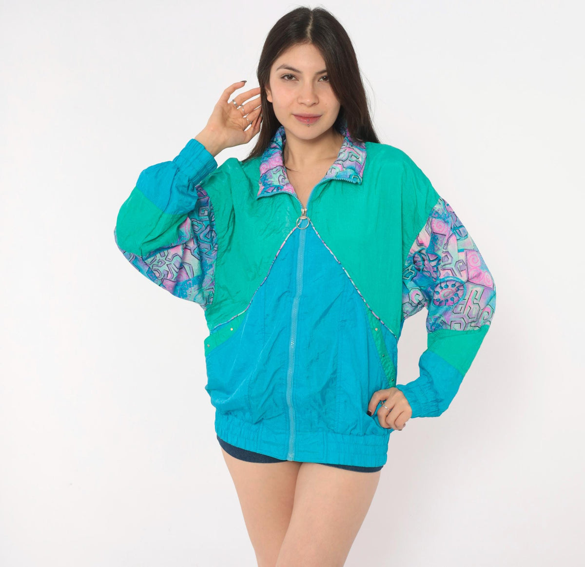 90s Otello Pelle Teal Windbreaker Geometric Color Block Jacket Medium