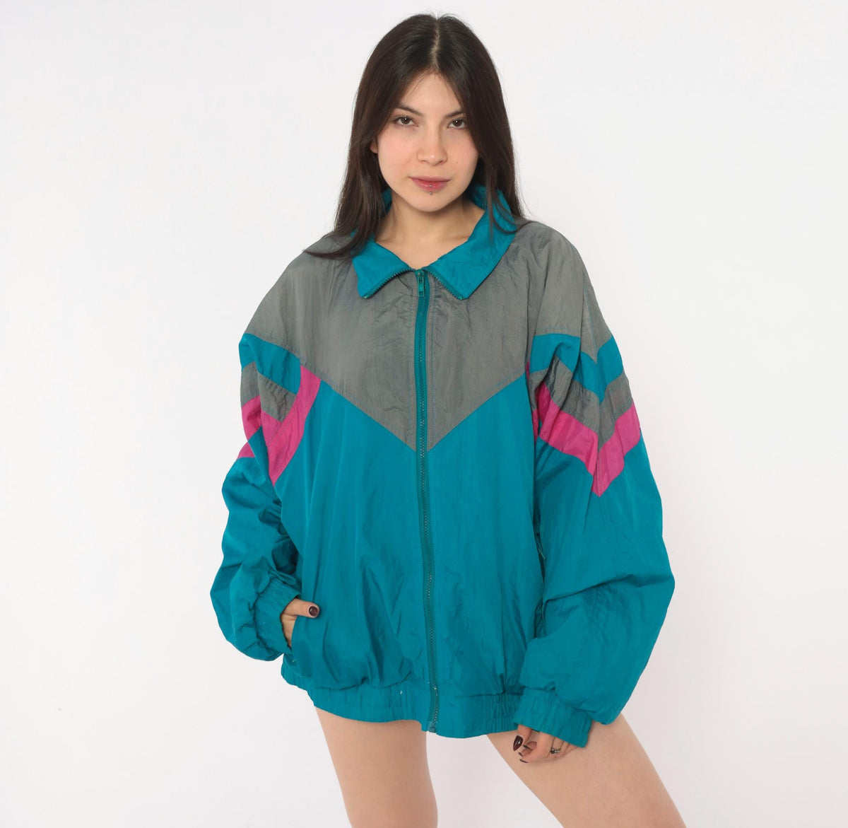 90s Pacific Sports Windbreaker Teal Blue Chevron Colorblock Jacket Large L