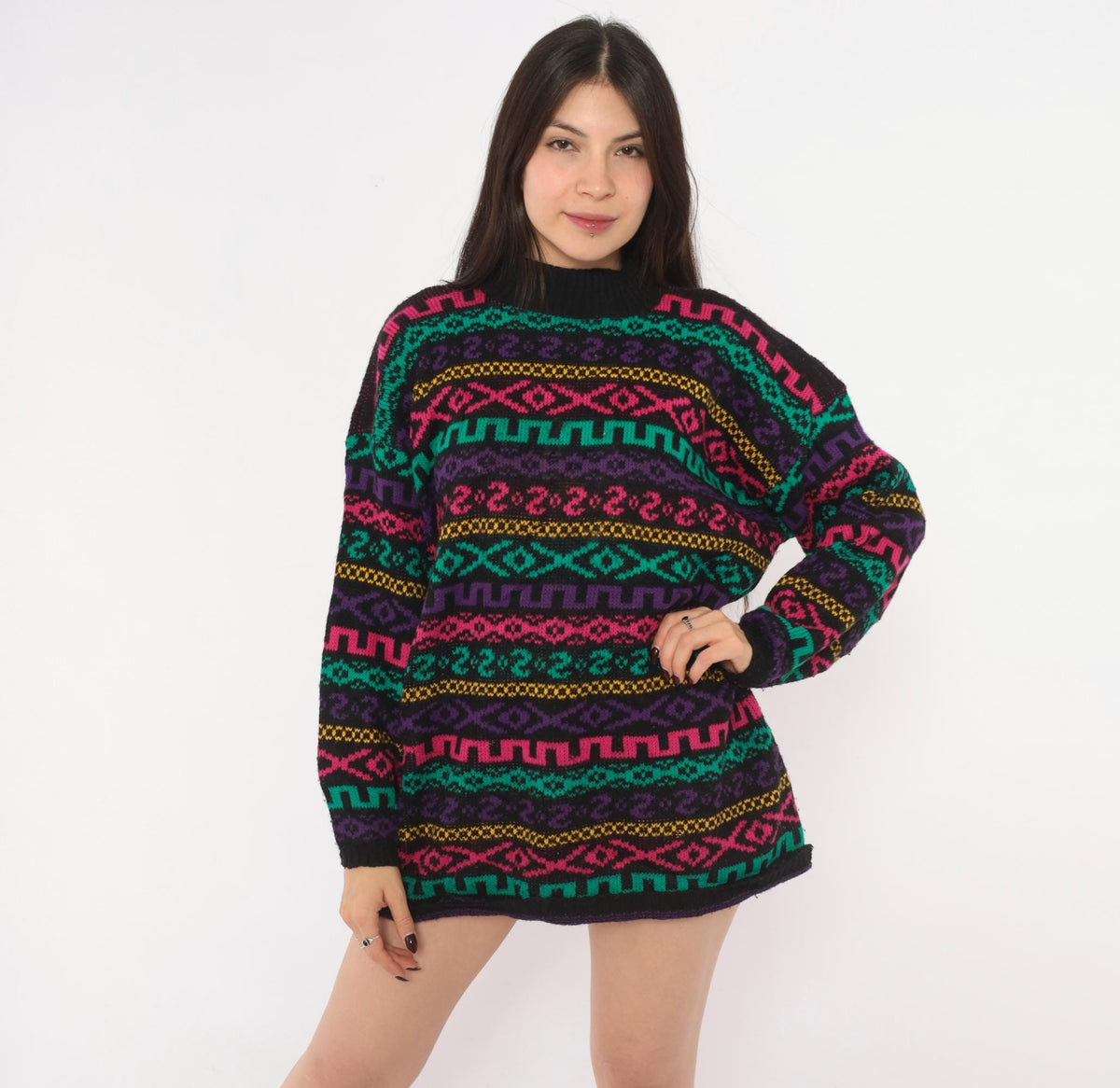 90s Private Eyes Fair Isle Sweater Black Rainbow Geometric Knit Large L