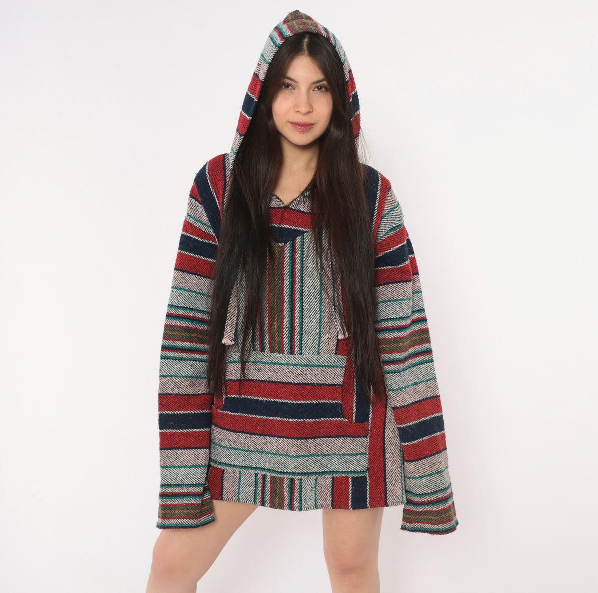 90s Baja Hoodie Red Navy Striped Woven Pullover Unisex Extra Large XXL