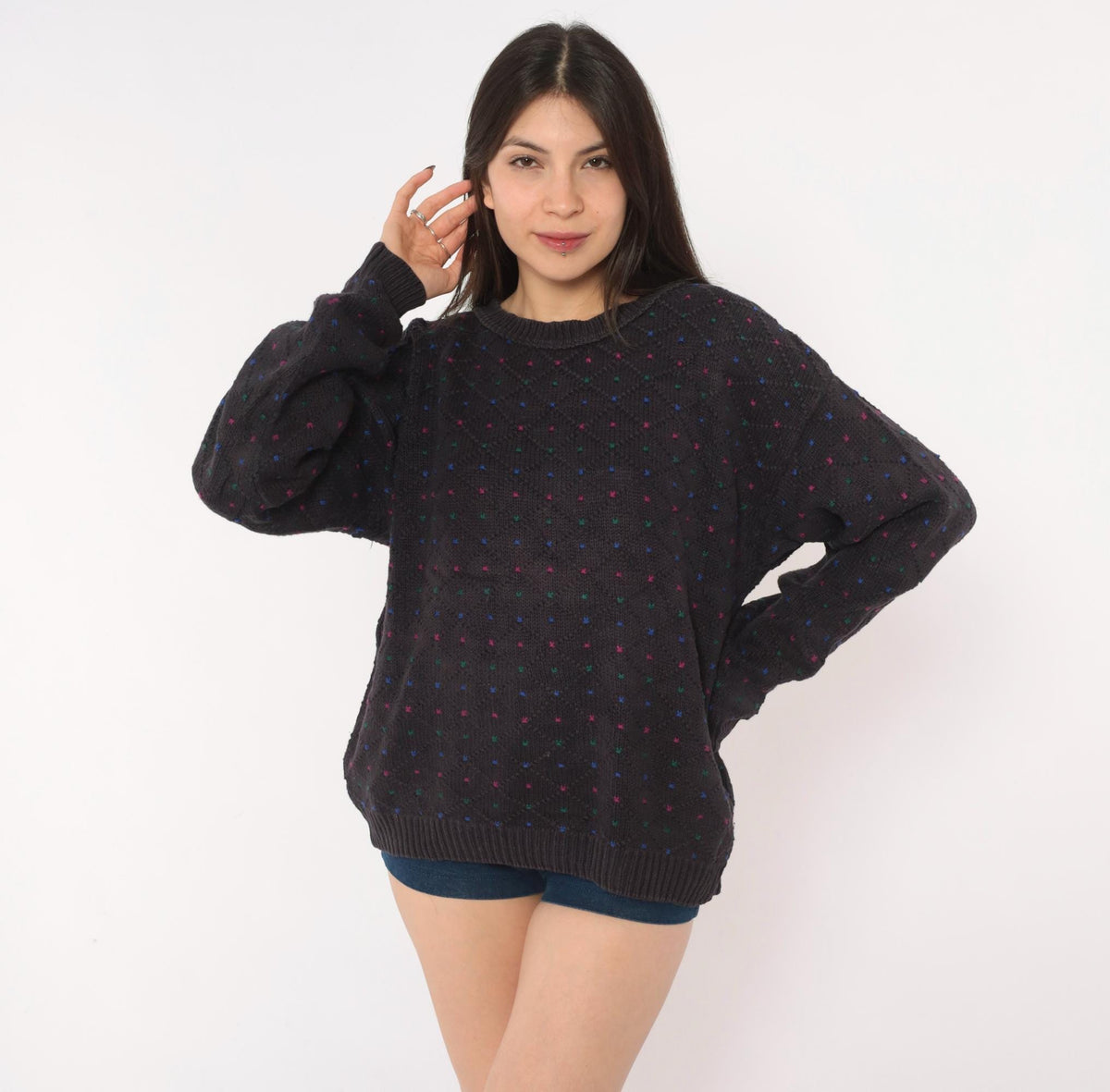 80s Eddie Bauer Cotton Knit Pullover Navy Diamond Pattern Medium