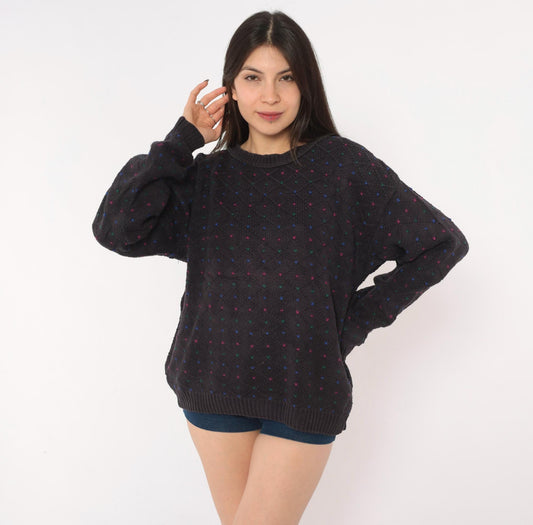 80s Eddie Bauer Cotton Knit Pullover Navy Diamond Pattern Medium