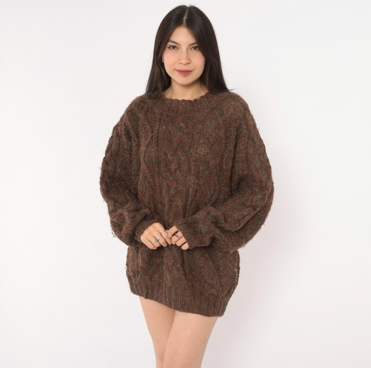 Tommy Hilfiger 90s Cable Knit Wool Sweater Brown Speckled Large