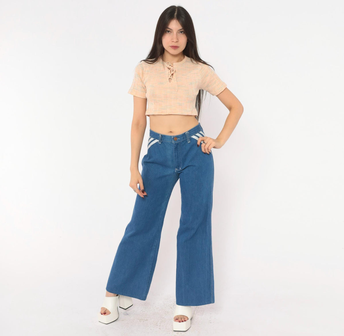 70s Viceroy Sportswear Bell Bottom Jeans Blue Denim White Stripe Medium