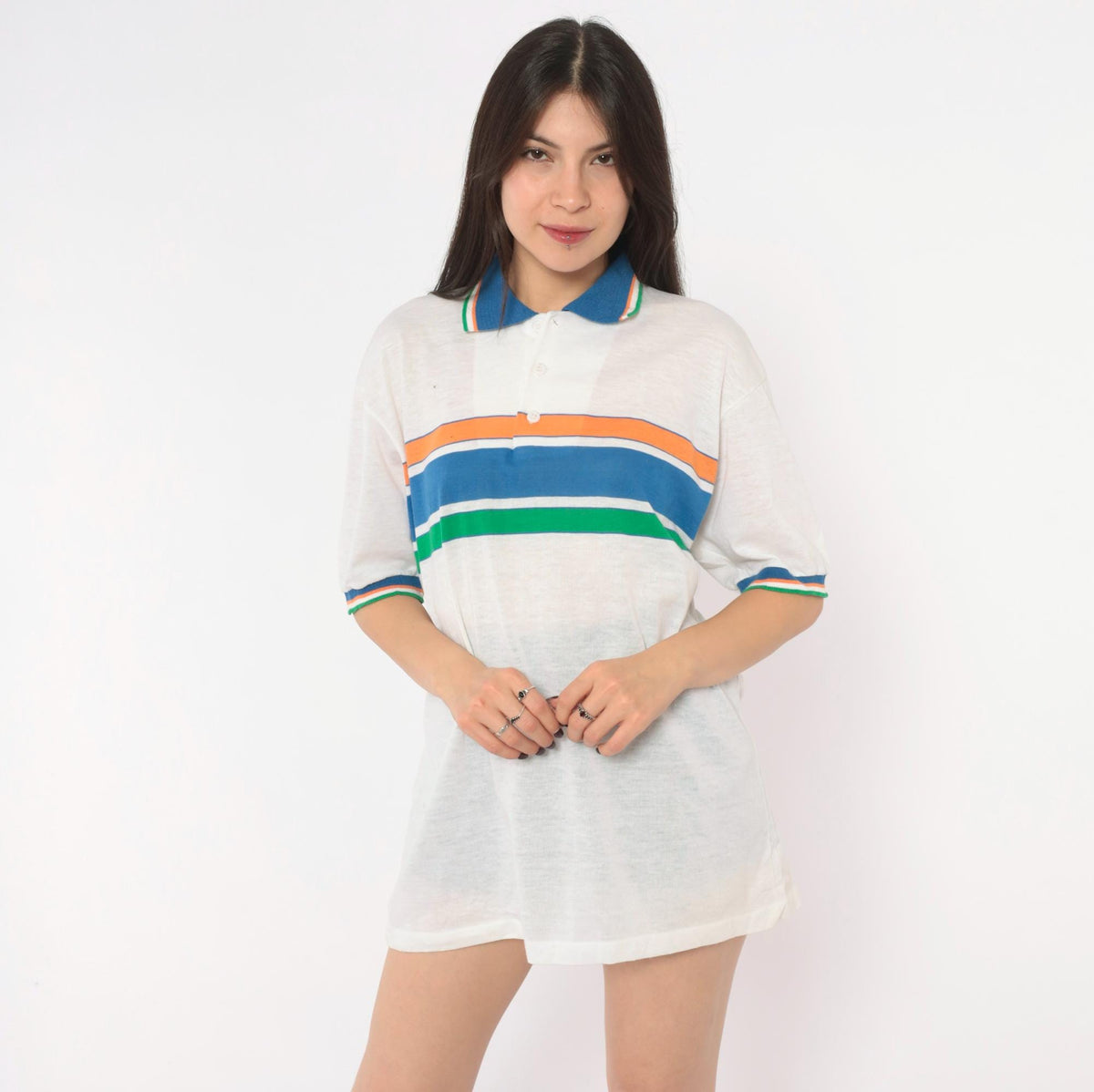 80s Robert Bruce Striped Polo Shirt White Blue Orange Green Extra Large