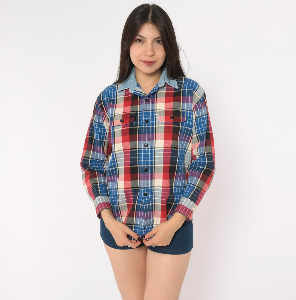 90s Plaid Flannel Shirt Blue Red Cotton Button-Up Small