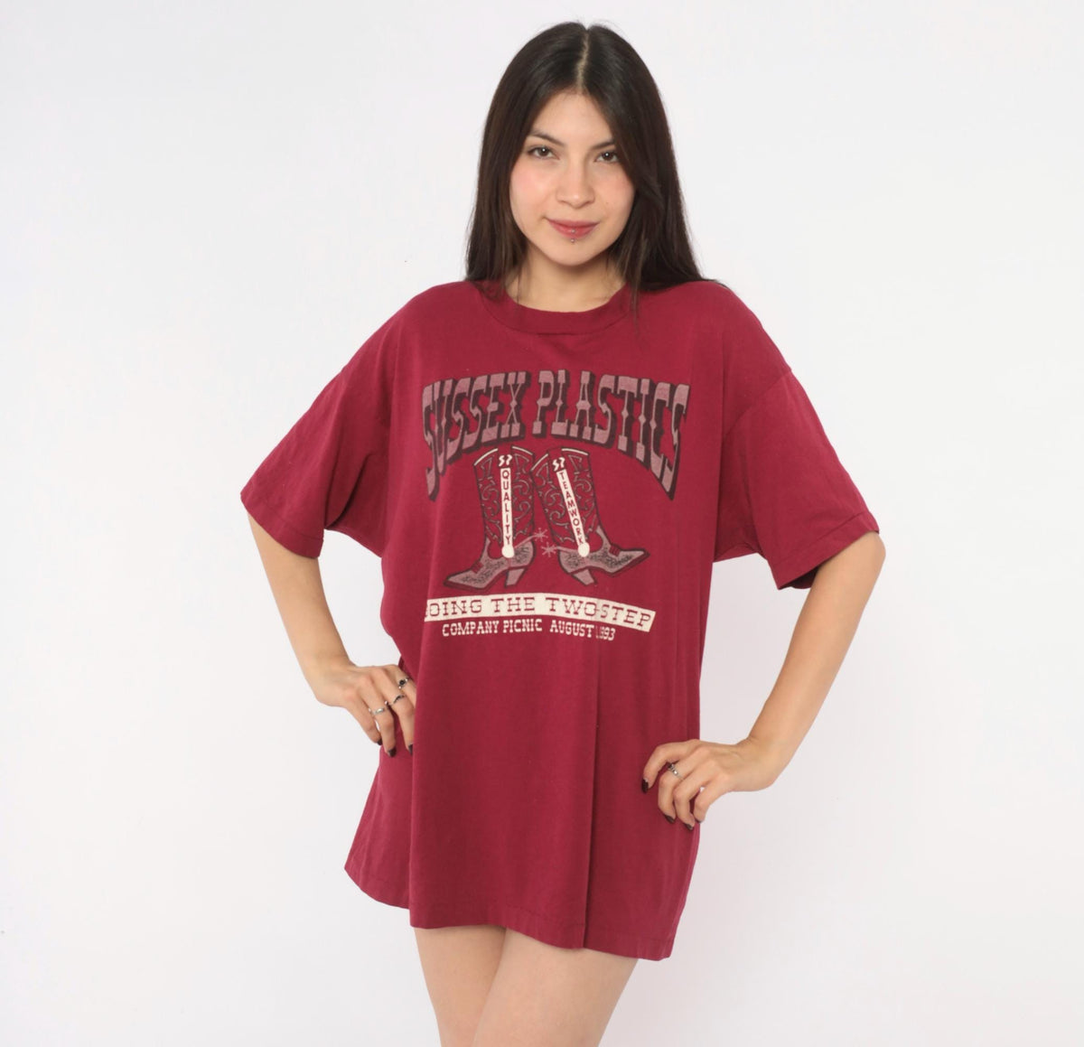 90s Fruit of the Loom Cowboy Boots Graphic Tee Burgundy Western Print Large