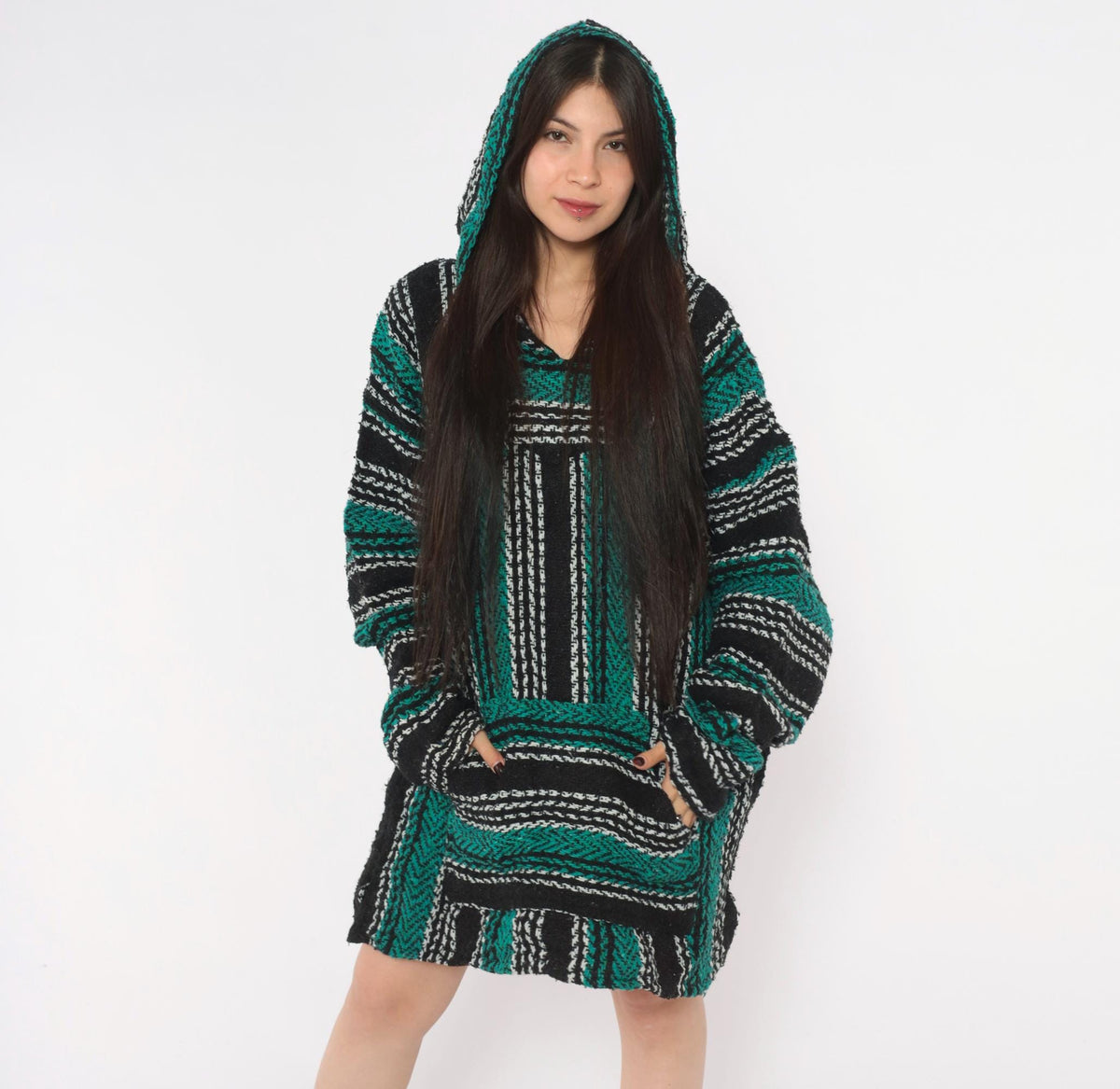 90s Baja Hoodie Black Teal Stripe Kangaroo Pocket V Neck Unisex Extra Large XXL