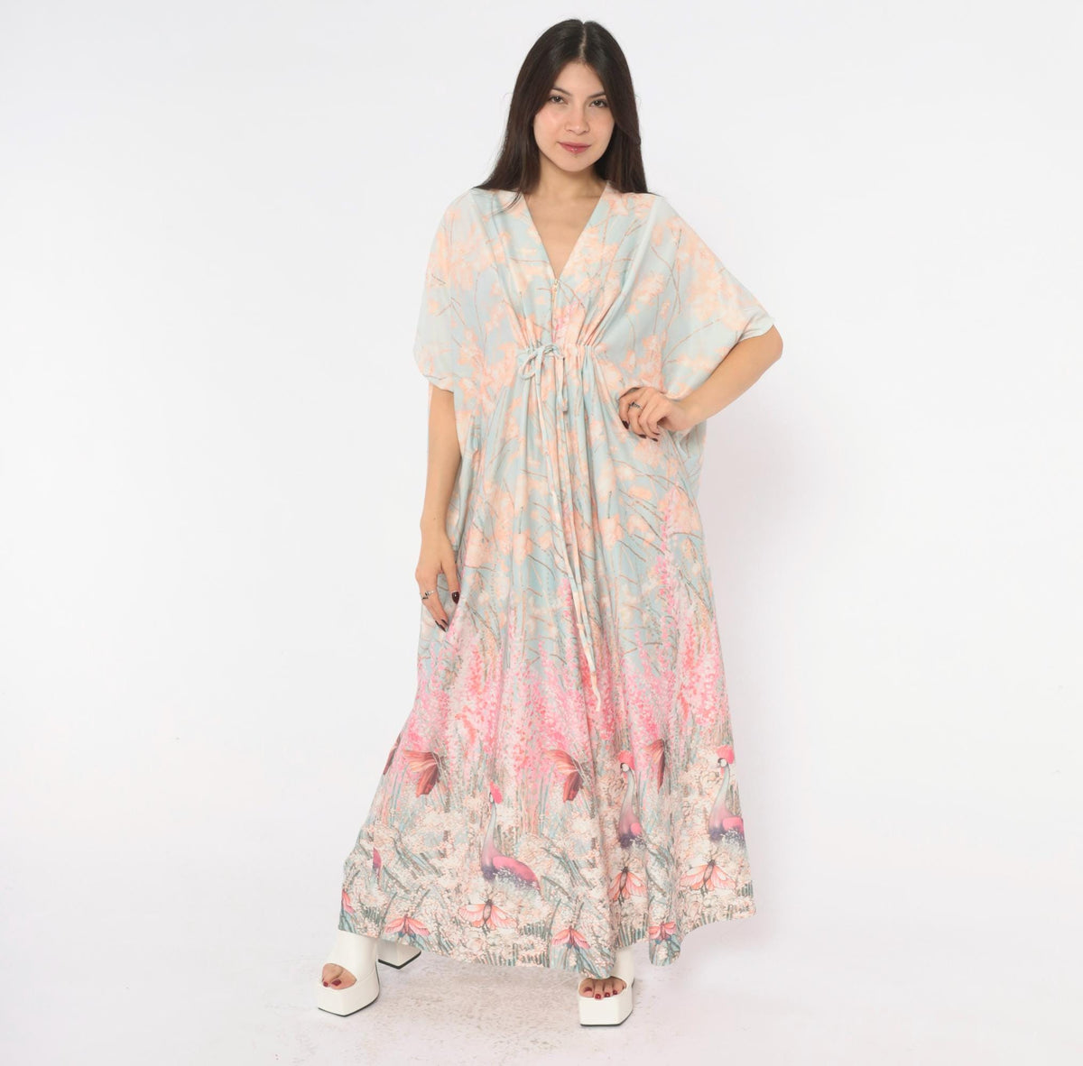 70s T.V. Sangers Crane Bird Caftan Maxi Dress Blue Pink Floral Large