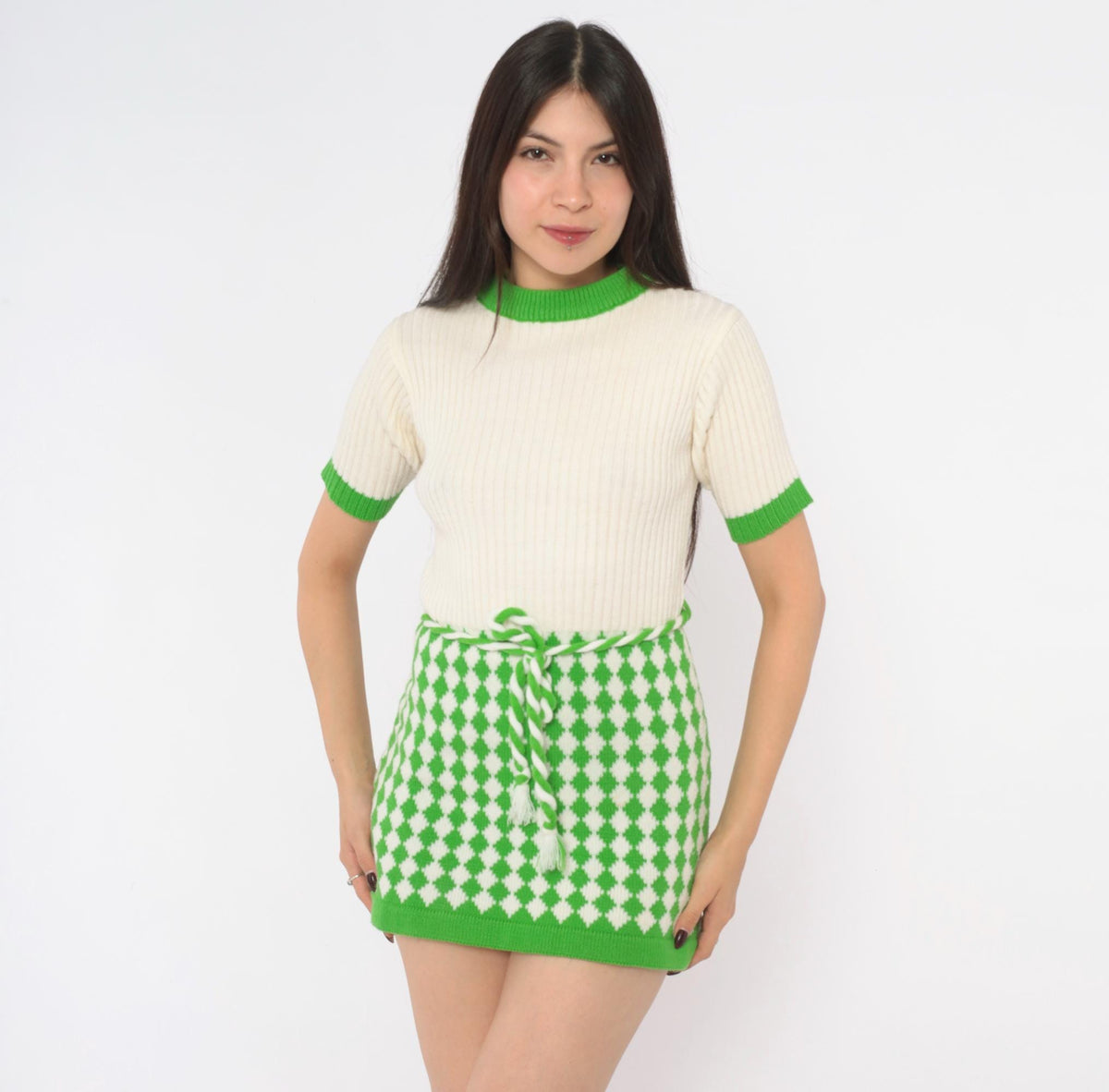70s Alyssa Knit Mini Dress Green Cream Diamond Argyle Short Sleeve Extra Small XS