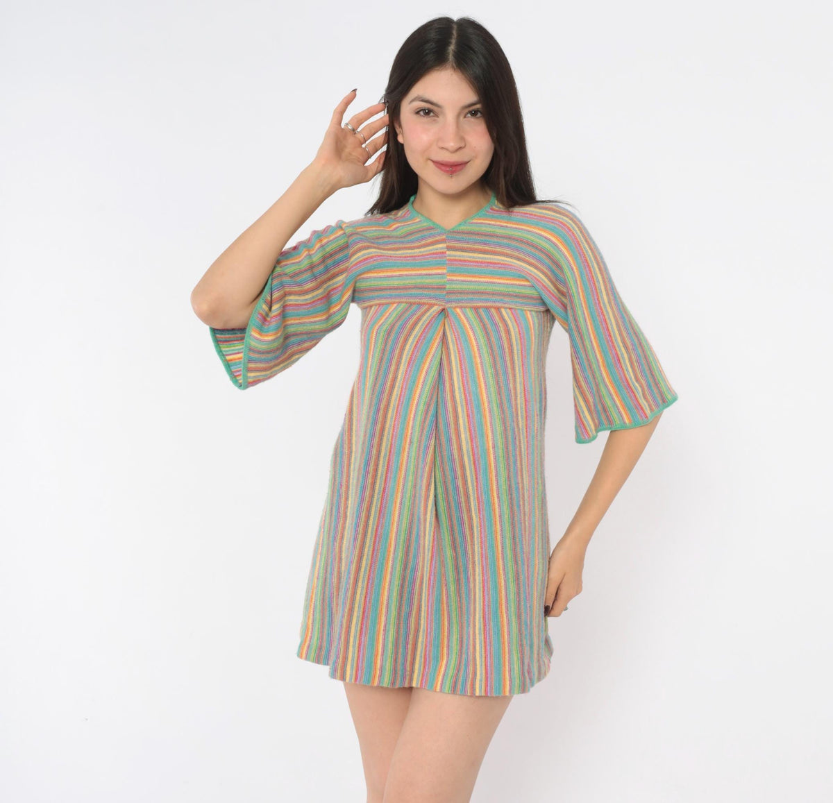 70s Key of Gee Rainbow Striped Knit Mini Dress V Neck A Line Extra Small