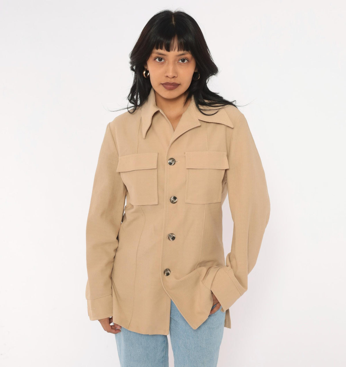 70s Haband Beige Button Front Jacket Pointed Collar Utility Shacket Medium M