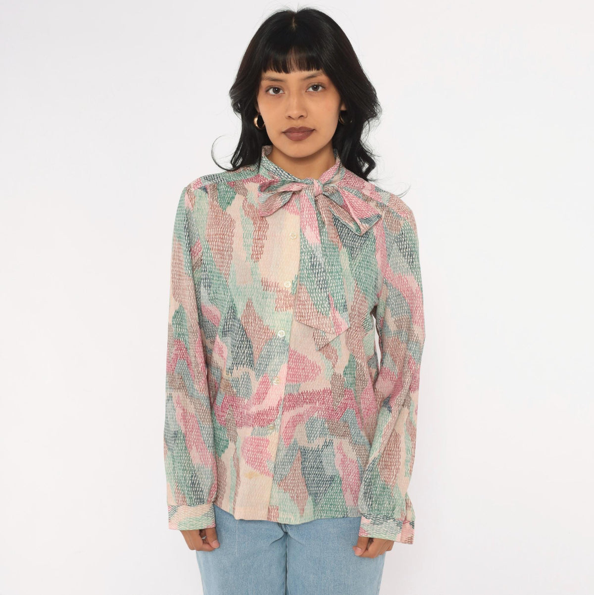70s Devon Abstract Print Blouse Pink Bow Tie Neck Button Front Medium