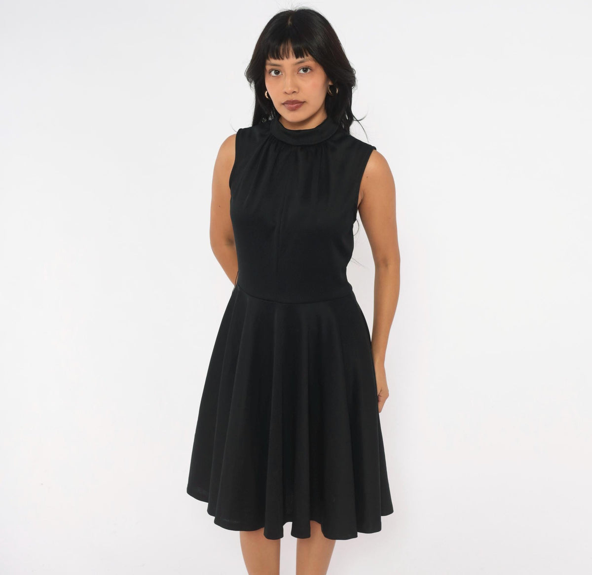 70s Black Mock Neck Sleeveless Dress Circle Skirt Knee Length Medium M