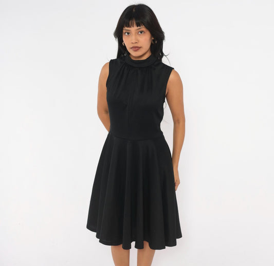 70s Black Mock Neck Sleeveless Dress Circle Skirt Knee Length Medium M