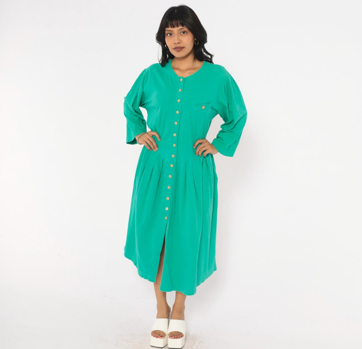 80s Louis London Green Cotton Midi Dress Button Front Drop Waist Extra Large