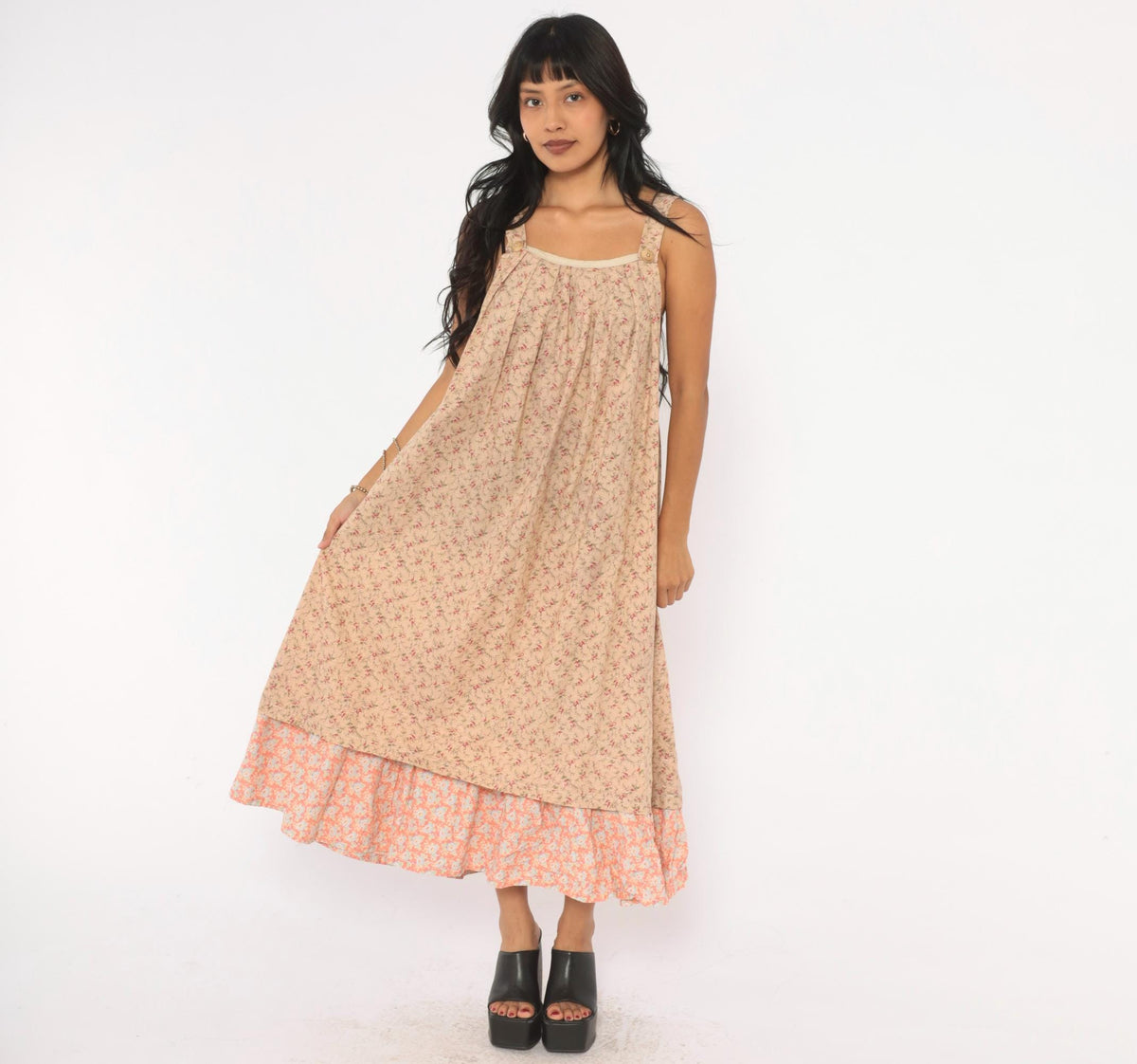 80s Floral Midi Sundress Beige Pink Cotton Square Neck Pleated Bodice Large