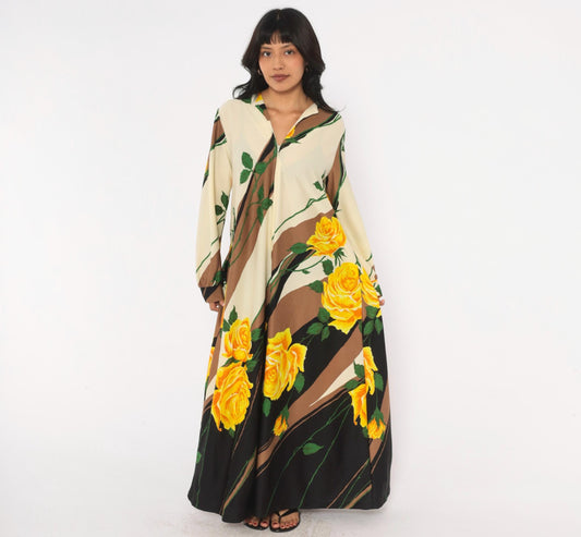 70s Montgomery Ward Floral Maxi Dress Yellow Rose Print Cream Stripe Large