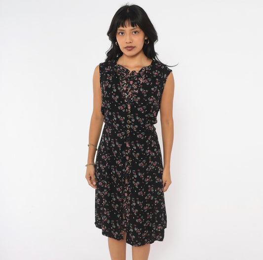 90s Bentley Black Floral Ditsy Print Dress Ruffle Neck Button Front Large L