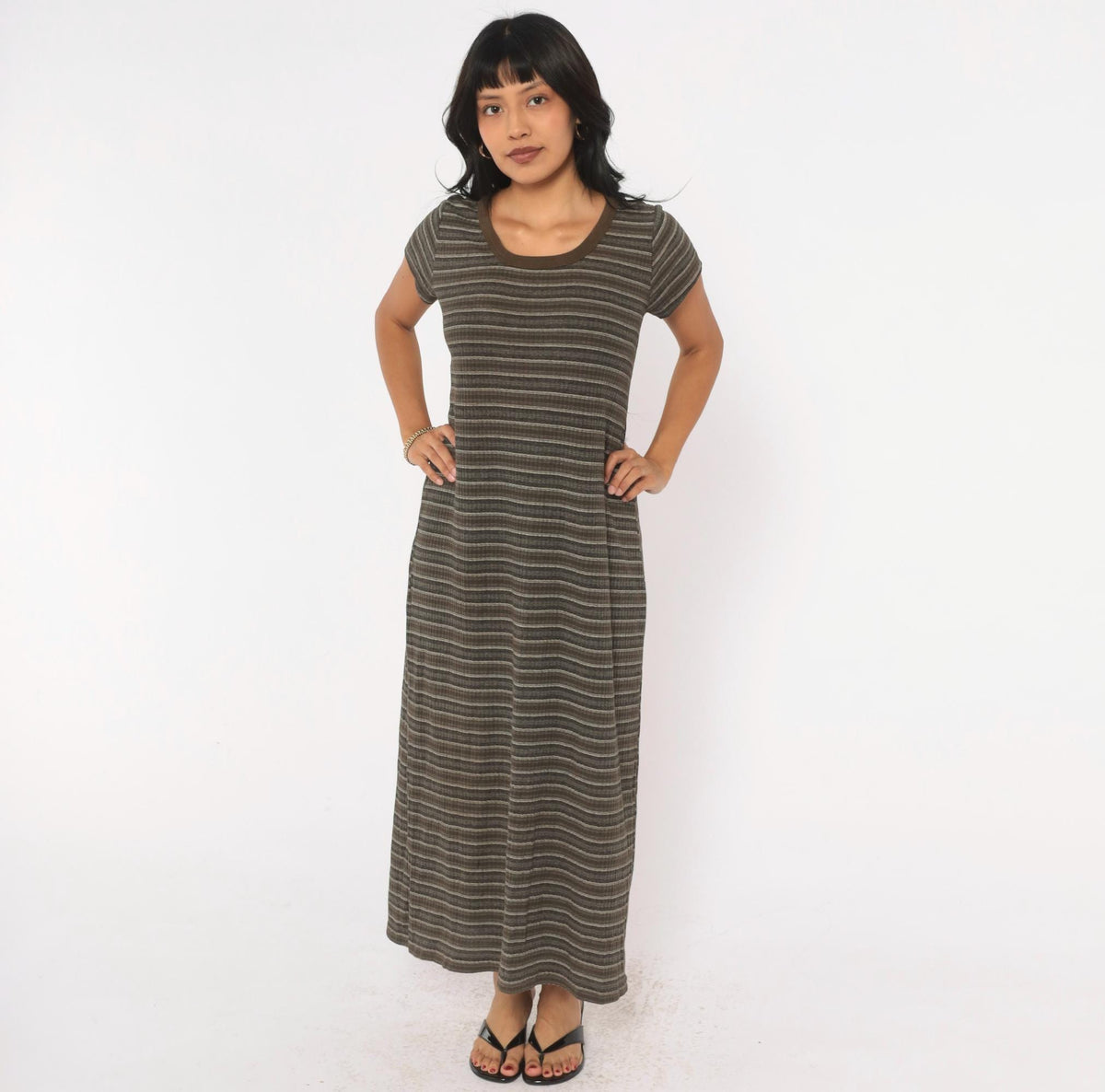 90s No Boundaries Striped Ribbed Knit Midi Dress Olive Brown Scoop Neck Large
