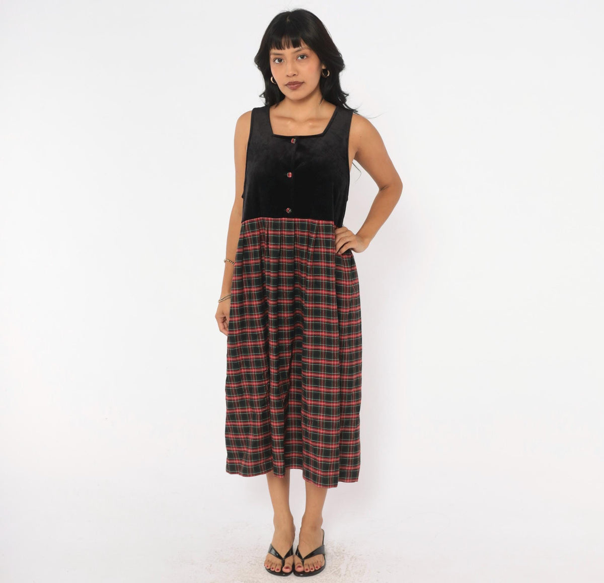 90s Pam's Closet Velvet Plaid Midi Dress Black Red Tartan Medium M