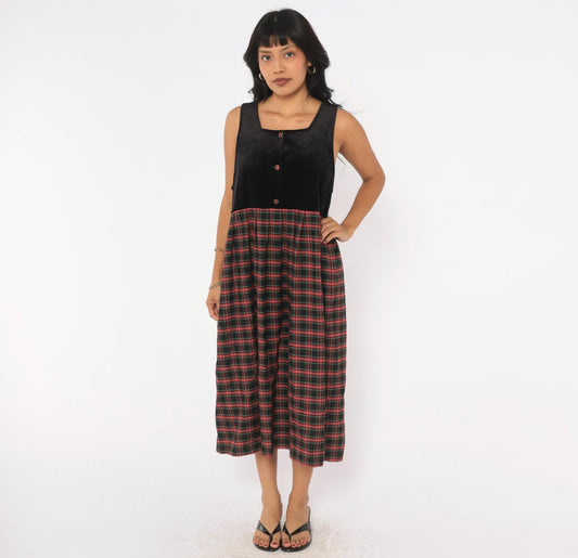 90s Pam's Closet Velvet Plaid Midi Dress Black Red Tartan Medium M