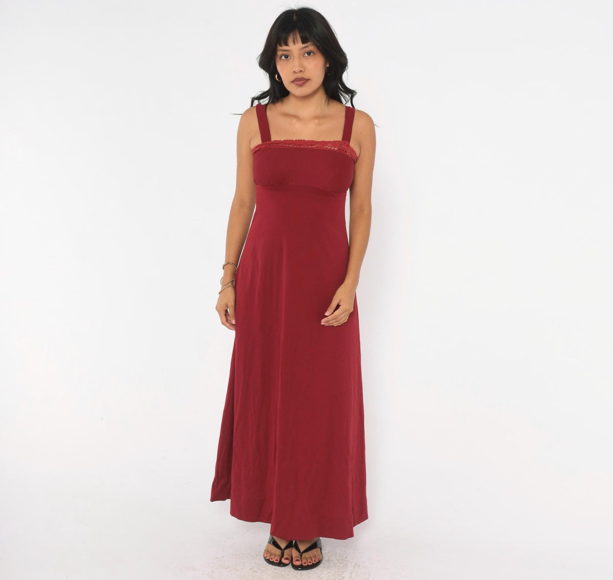 70s Burgundy Maxi Dress Empire Waist Crochet Trim Spaghetti Strap Extra Small XS