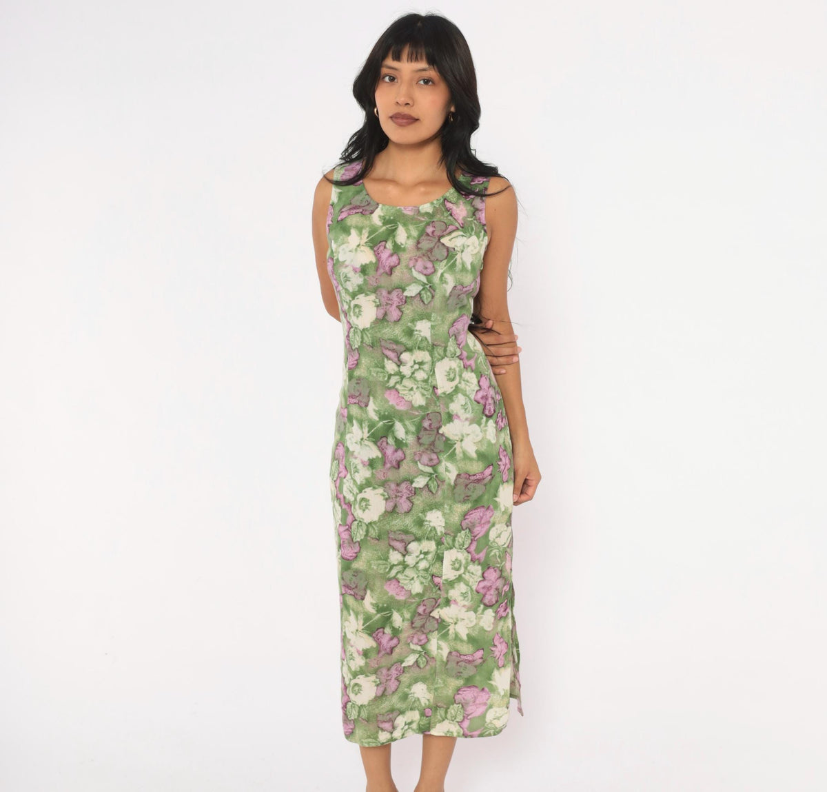 90s Caroline Wells Floral Midi Dress Green Purple Watercolor Small S