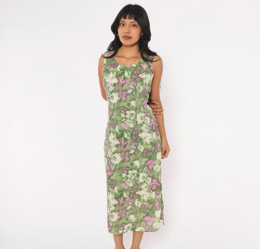 90s Caroline Wells Floral Midi Dress Green Purple Watercolor Small S