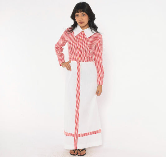 70s Miss Donna Gingham Maxi Dress Red White Check Pointed Collar Small